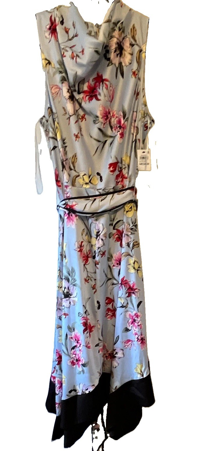 NEW I.N.C. Blue Black Floral Woven Cowl Neck Sleeveless Tie Belted Midi Dress M