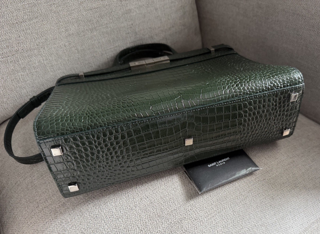 SAINT LAURENT Small Manhattan Green Silver Embossed Leather Bag Shoulder Strap