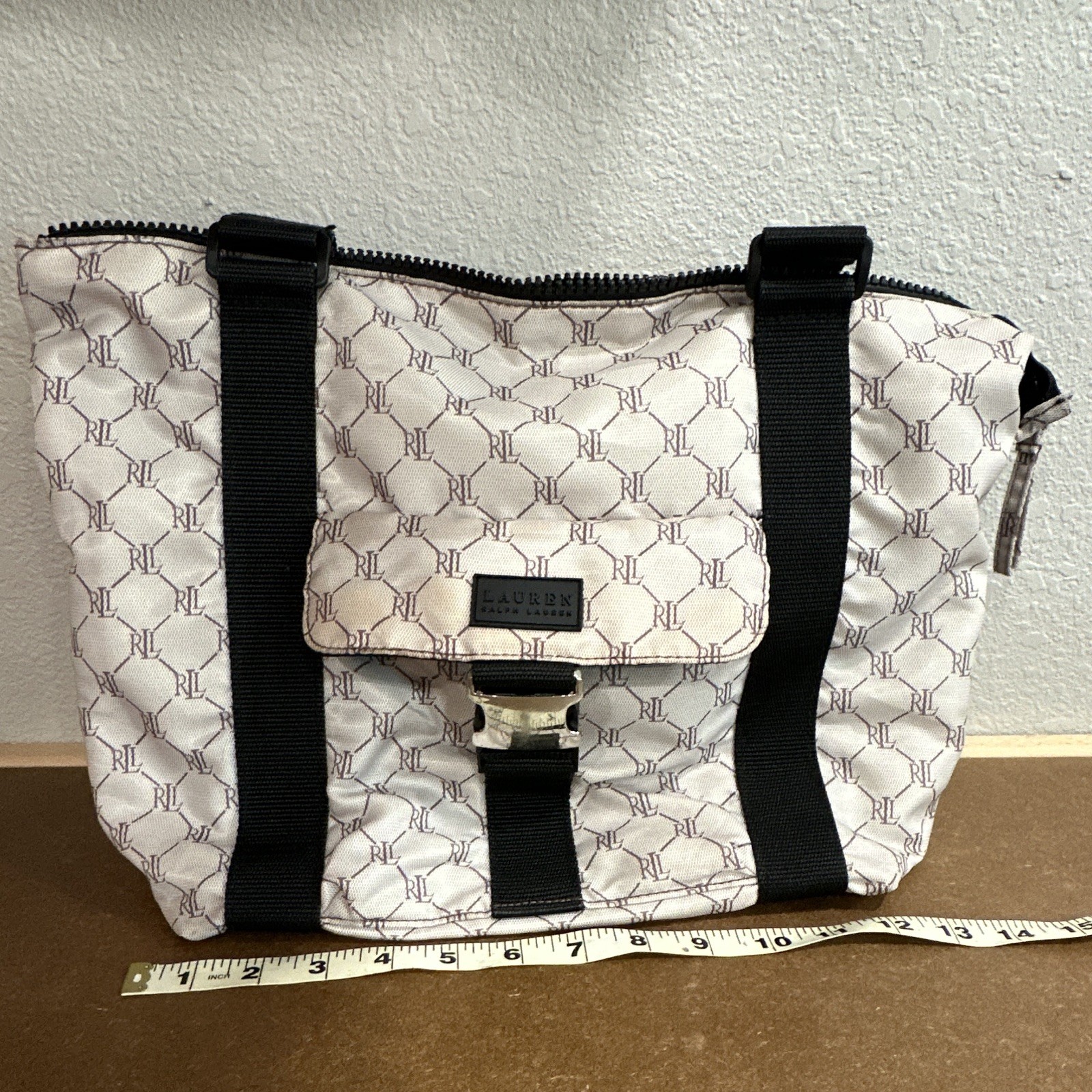 Lauren Ralph Lauren Beige/Black Logo Tote Zip Closure Pockets