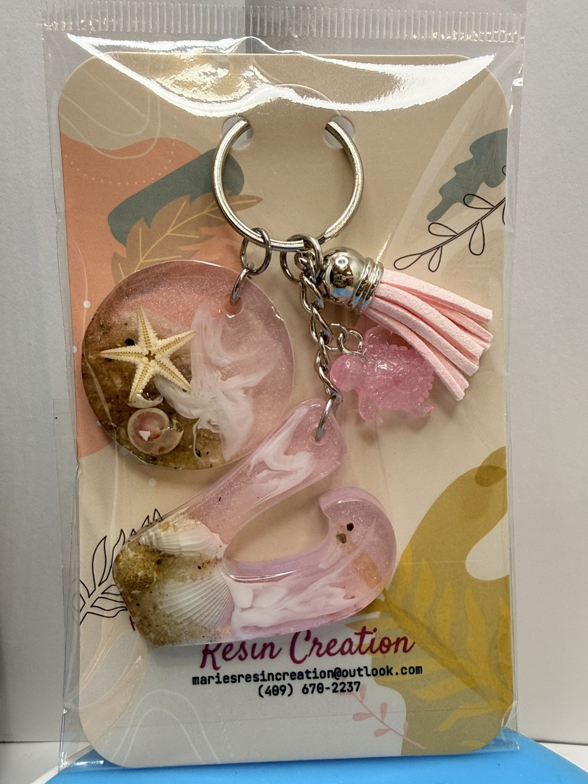 Custom made keychain Beach Theme Baby Pink Resin Keychain.