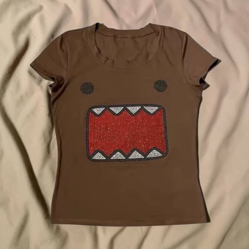 Women’s Brown Domo Rhinestone Graphic Print Scoop Neck Cap Sleeve T-Shirt