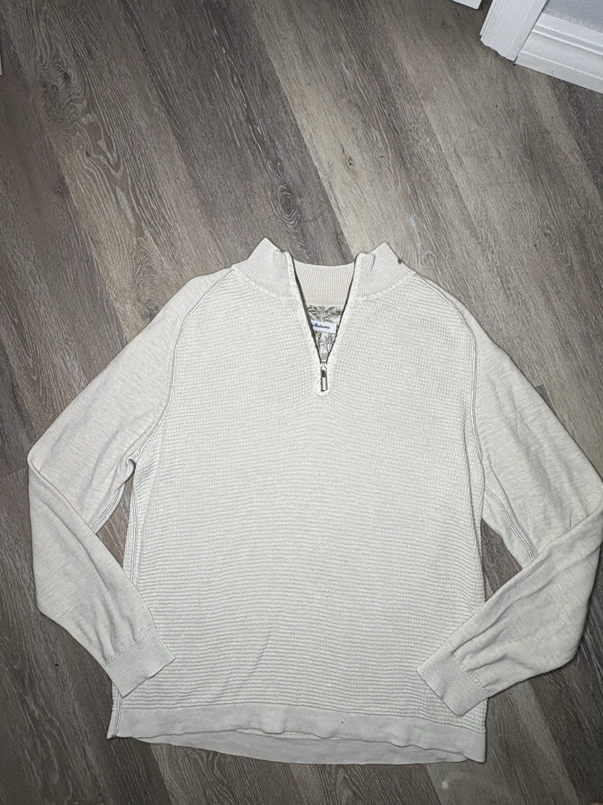 Tommy Bahama Men’s M Beige Cotton Knit 1/4 Zip Mock Neck Pullover Sweater