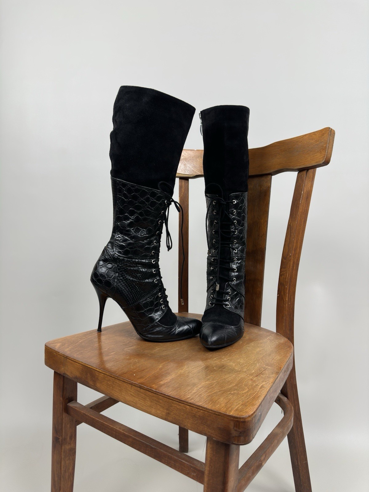 Cesare Paciotti Women’s Black Leather Boots Size 40 EU Lace Up Stiletto Heel