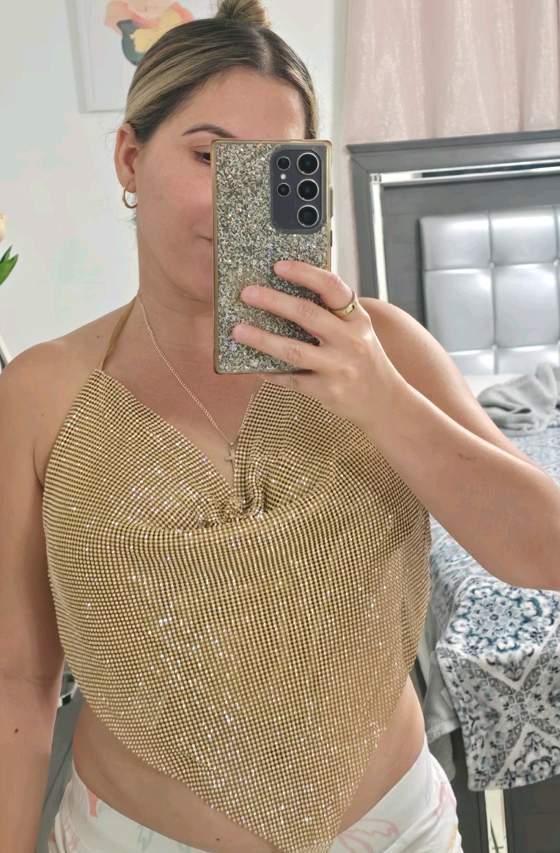 Fashion Nova Gold Metallic Mesh Halter Tie Back Backless One Size Tank