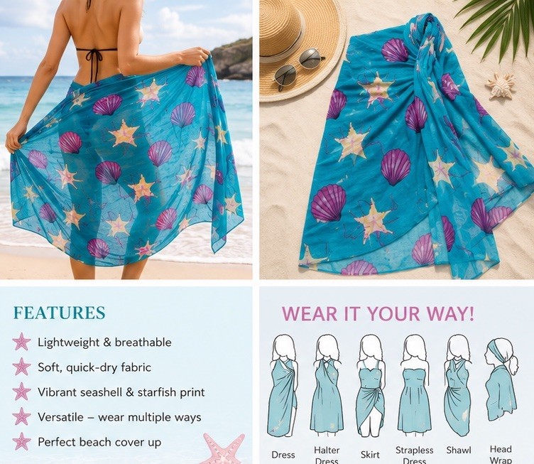 Beach Cover Up Sarong Wrap| Seashell Starfish Print| Teal Tropical One Size| NEW