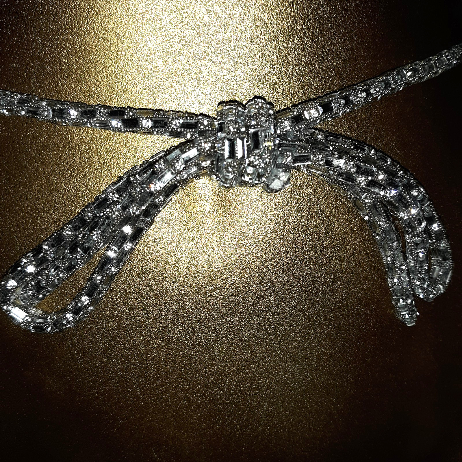 Vtg H By Halston Crystal Belt Sz L W/Bow Adj Clip Chain Clear Stones Slvr Fabric