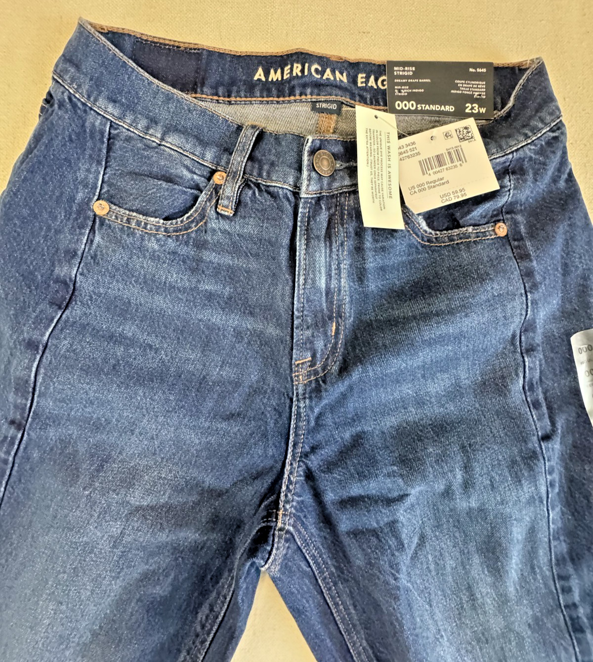 American Eagle Womens Dreamy Drape Barrel Mid Rise Blue Strigid Jeans NWT