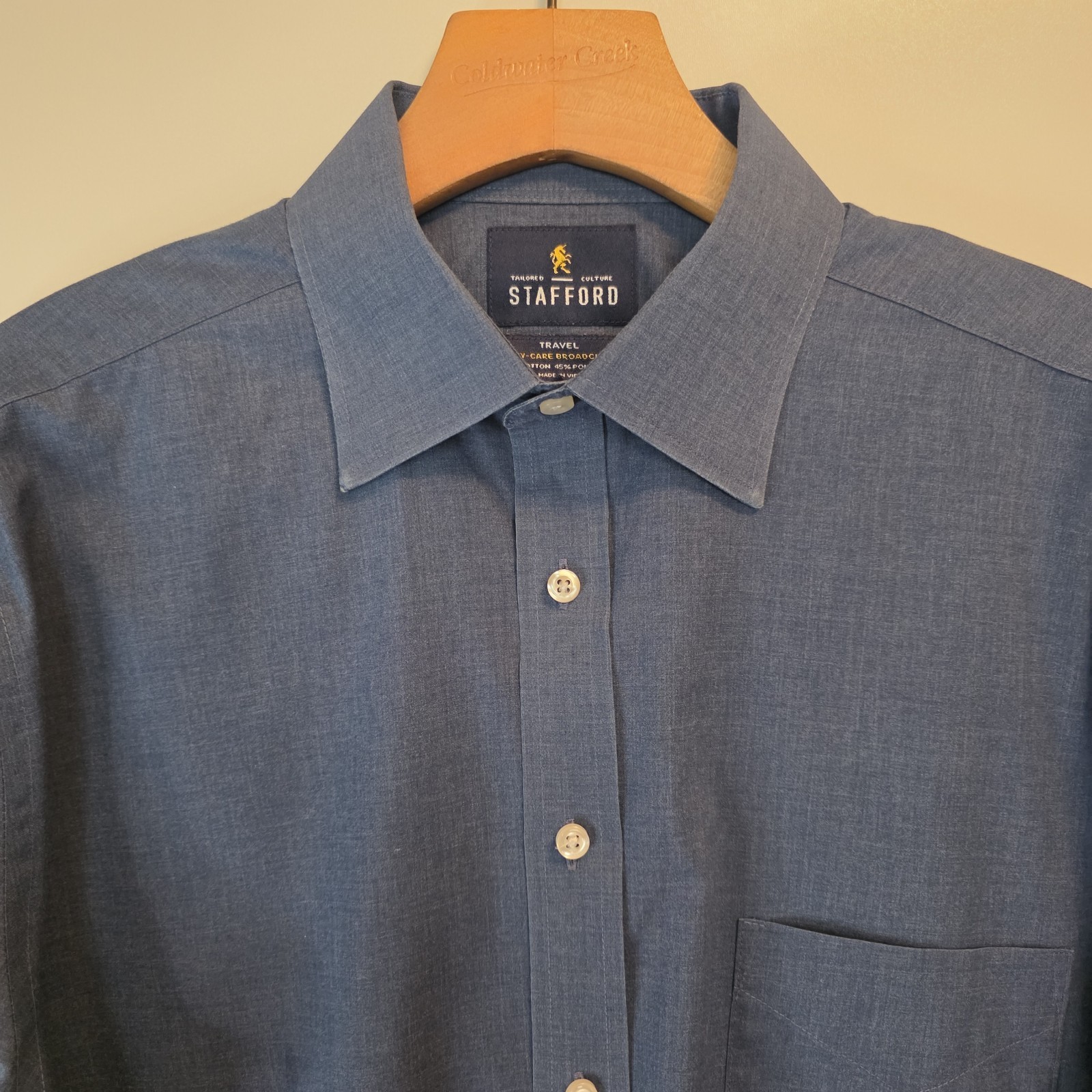 Stafford Travel Shirt Easy Care Broadcloth Blue Chambray Office Mens 15.5-34/35