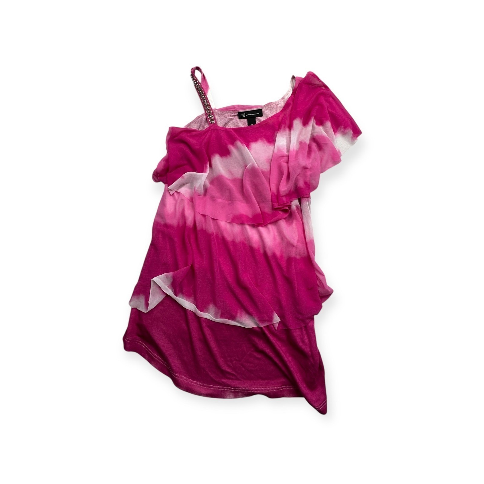 INC International Concepts Pink Tie Dye One Shoulder Ruffle Top Rhinestone Strap