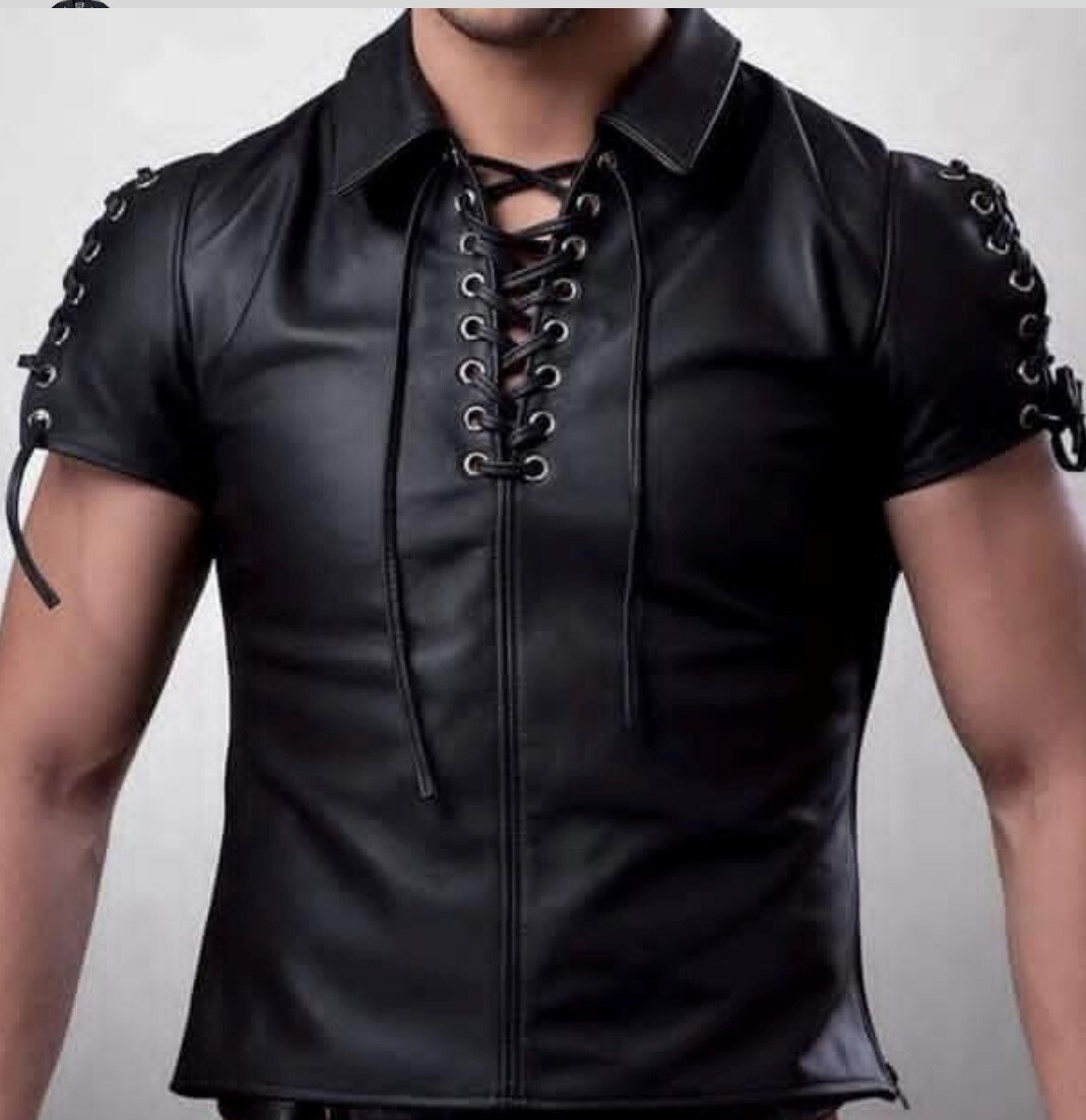 Men’s Real Leather Short Sleeve Laces Up Closure Shirt Available in 8 Colors