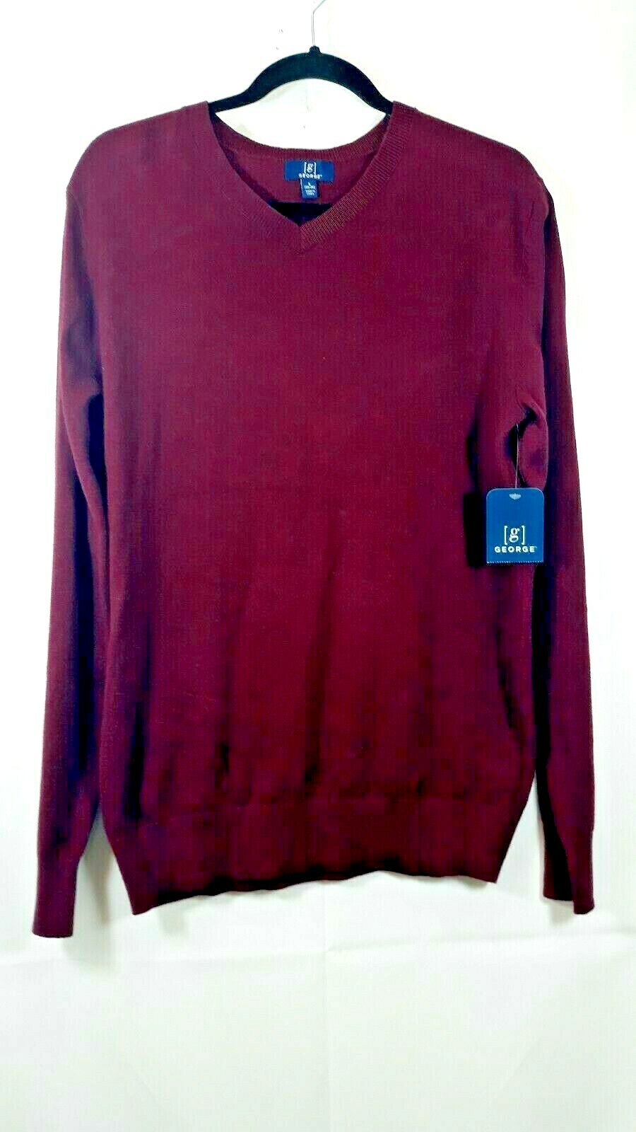 George Men’s Burgundy V- Neck Long Sleeve Pullover Sweater Top Sizes Varies