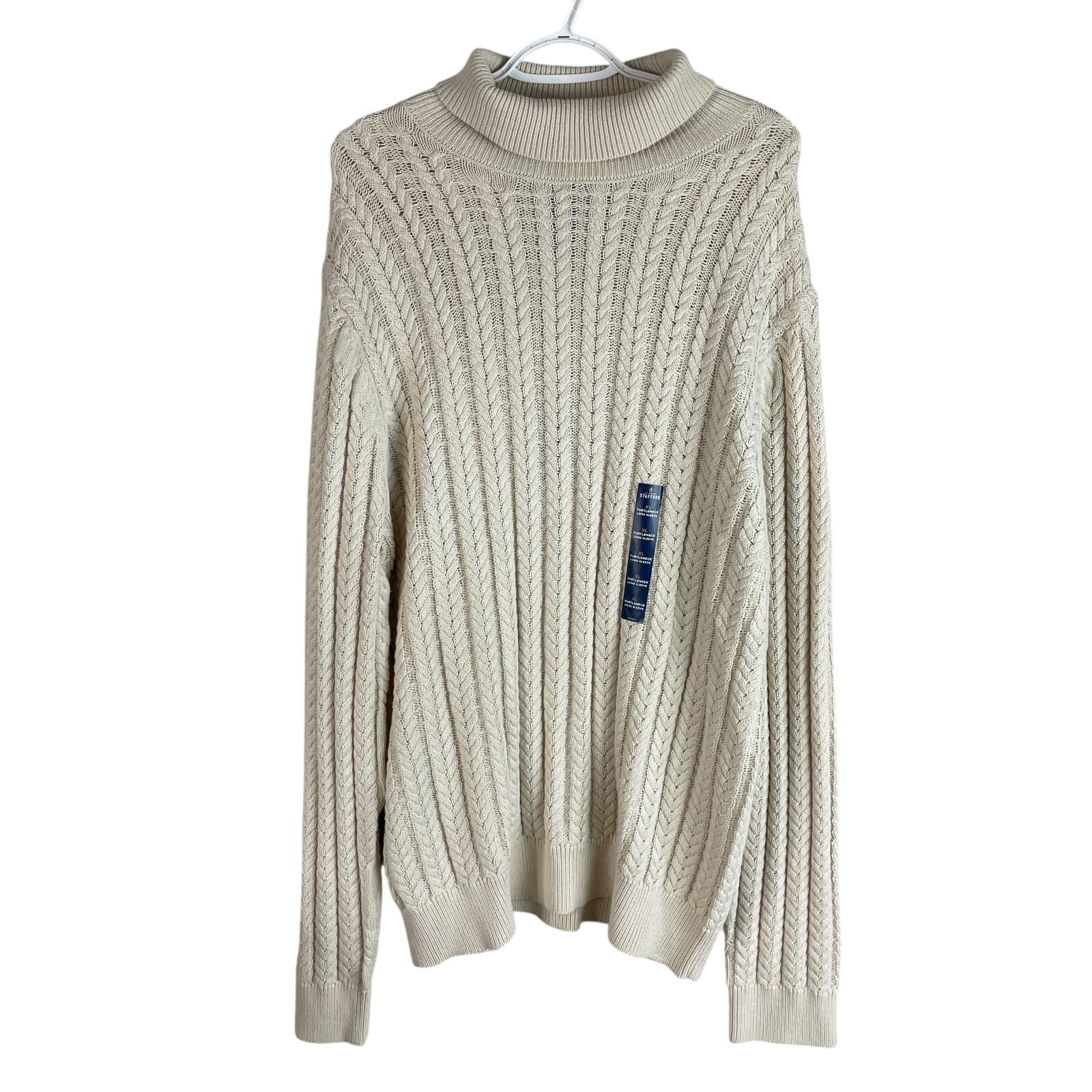 NEW Stafford Mens Cable Knit Turtleneck Sweater XL Beige Cotton Regular Fit