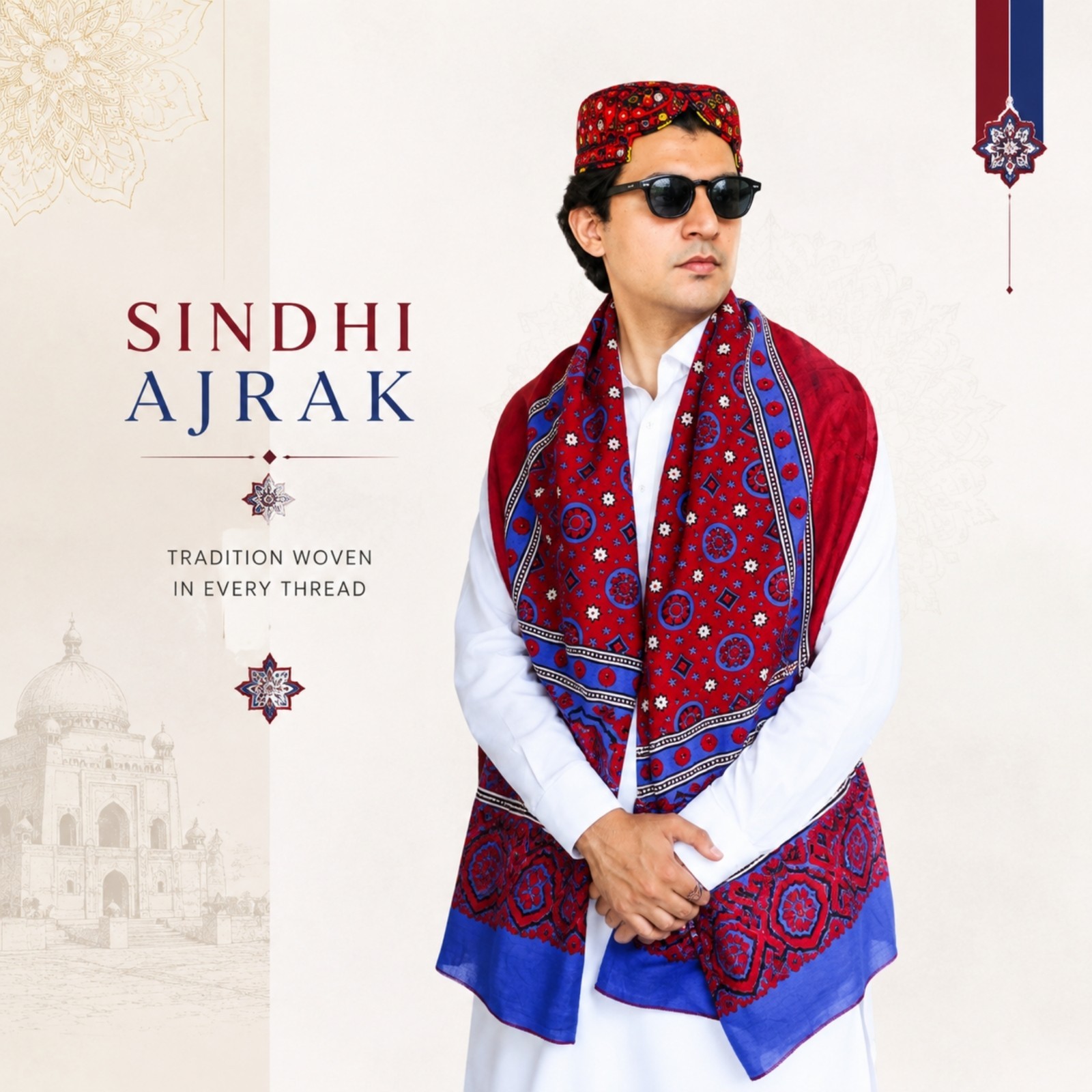 Block Printed Ajrak Dupatta Shawl – Traditional Sindhi Stole for Cultural Events