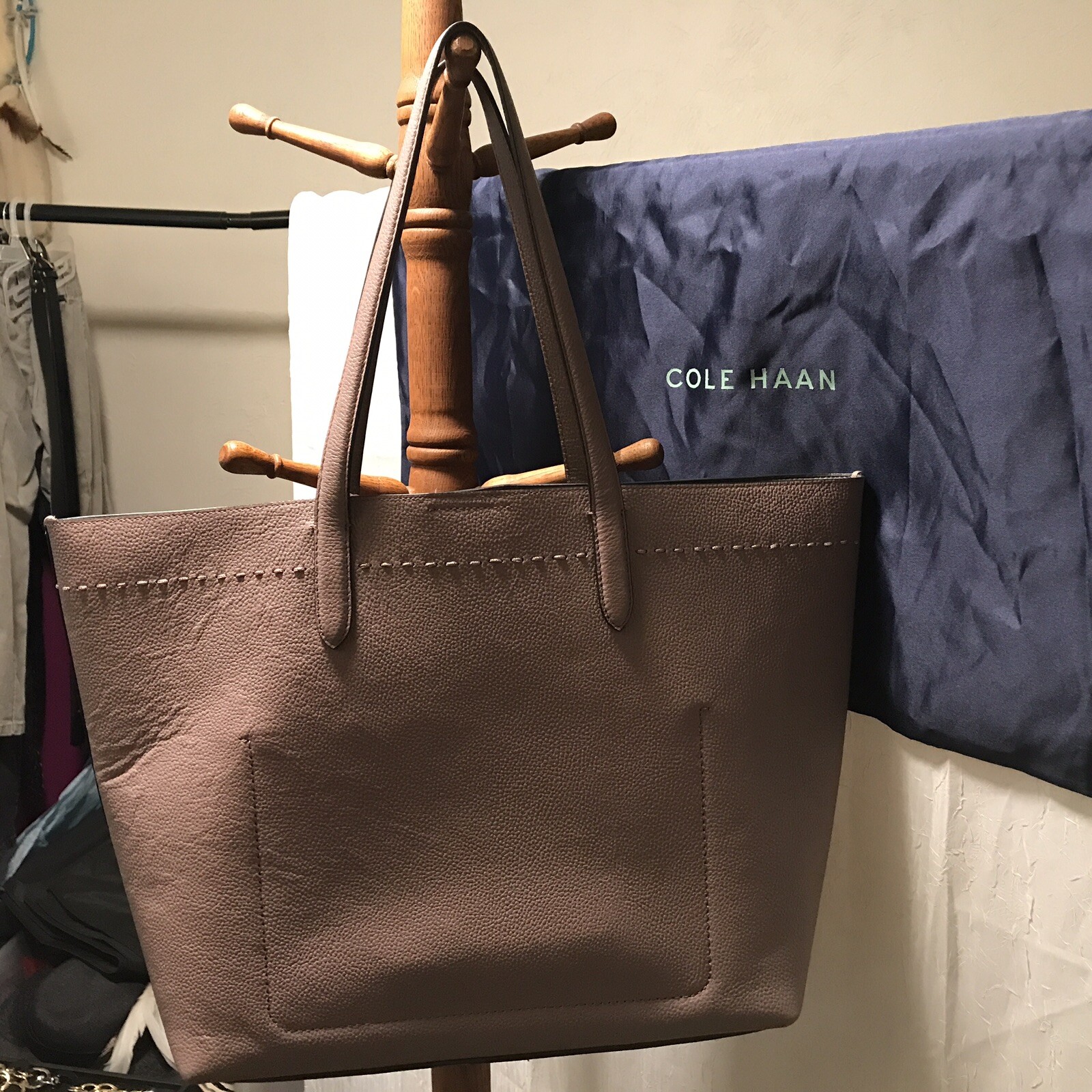 NEW Cole Haan Large Gray Leather Tote Bag 19.5″ w/Dust Bag Mint Fall Sale