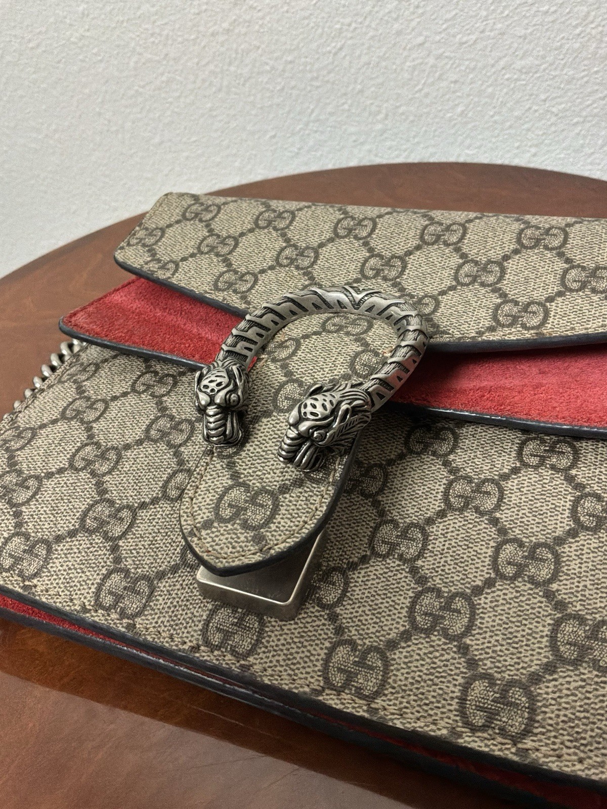 Gucci GG Monogram Dionysus Small Shoulder Bag Chain Strap Beige Red