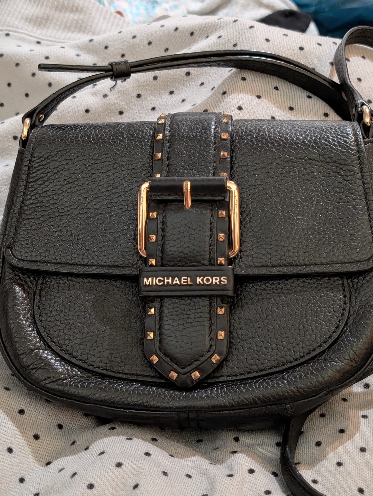 Michael Kors Black Pebbled Studded Buckle Magnetic Flap Crossbody Gold HW