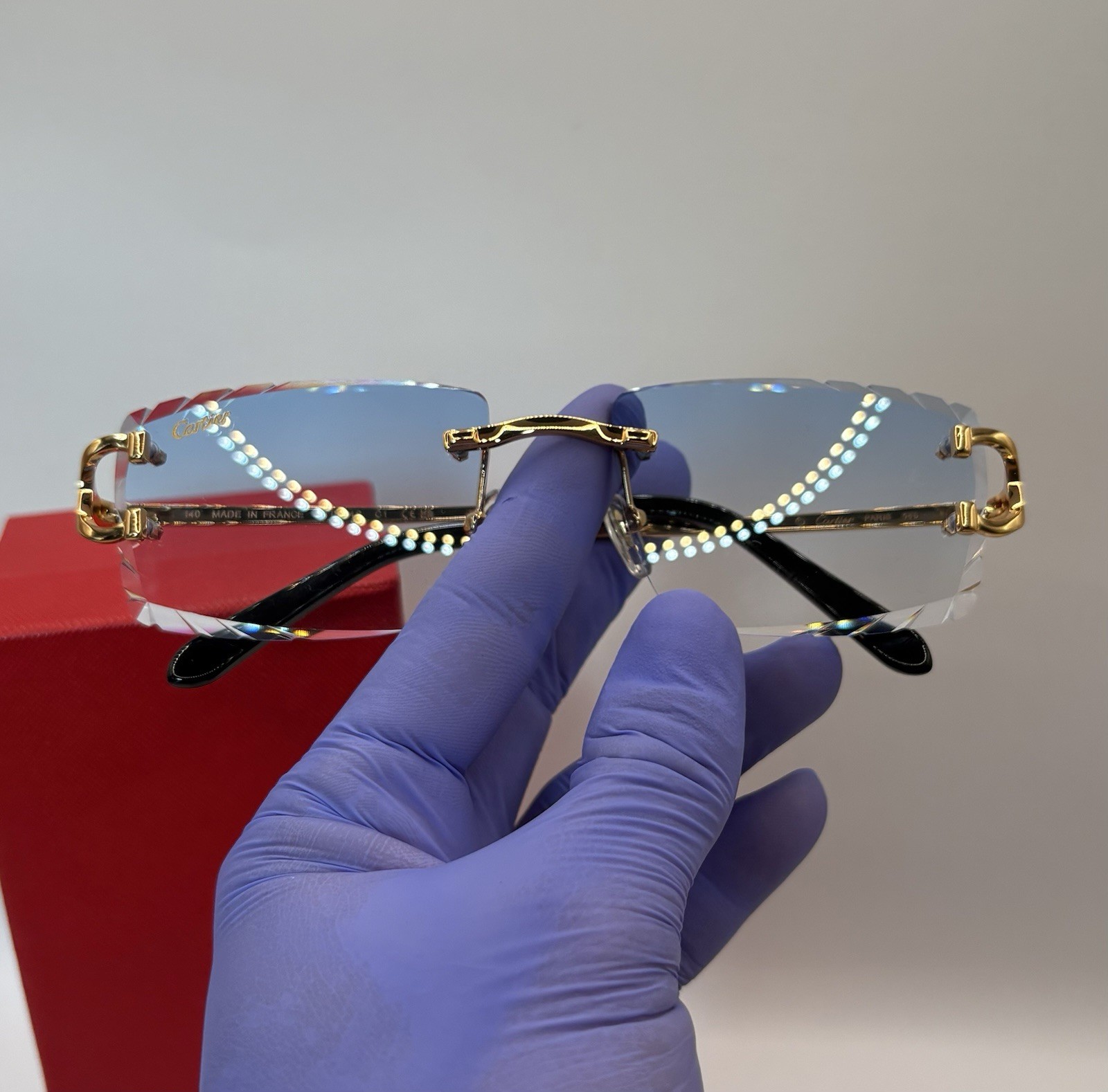 Cartier Big C Diamond Cut Frameless BLUE Lens Gold Frame
