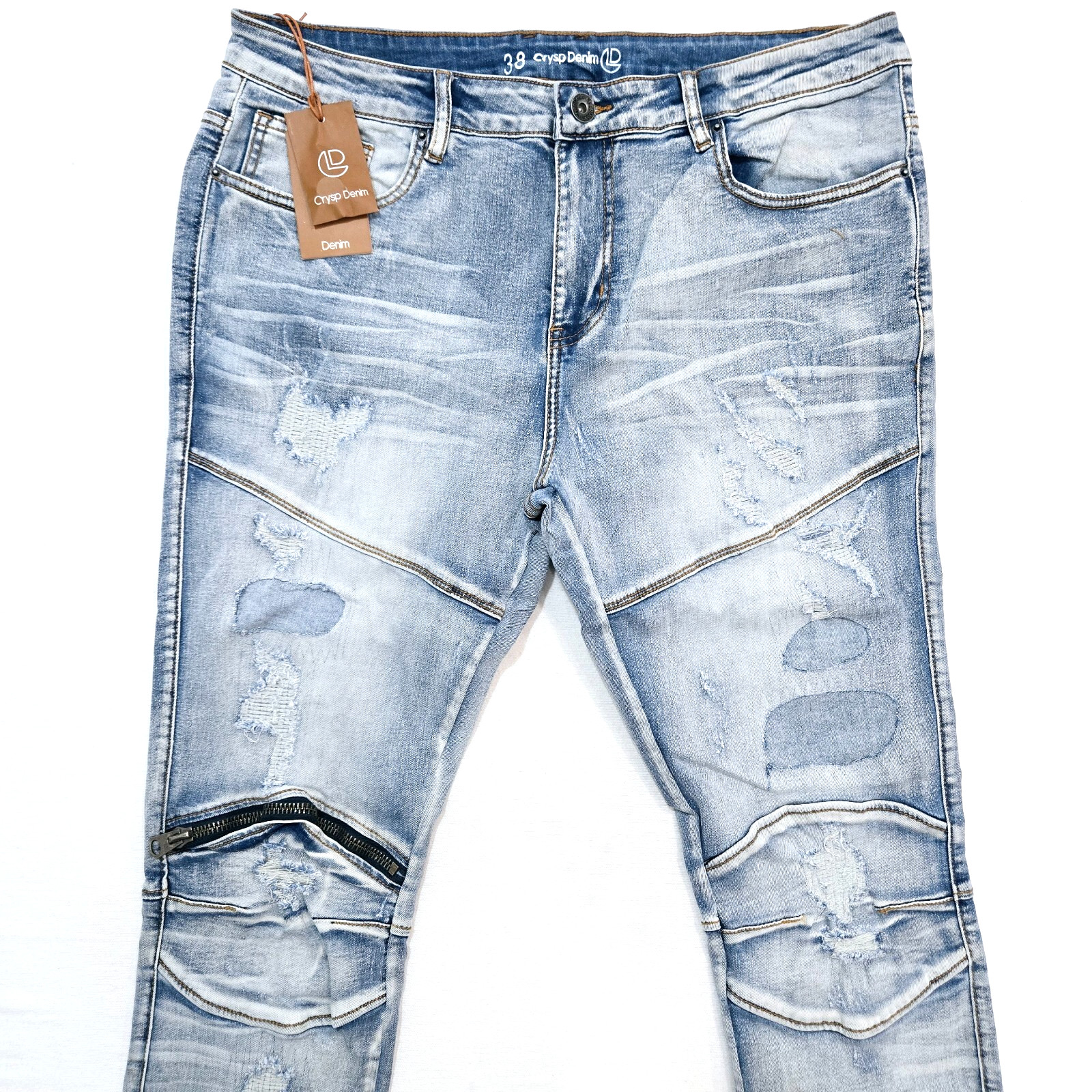 Crysp Denim Premium Men’s Blue Jeans Zip Patch Work Design Distressed Skinny Fit