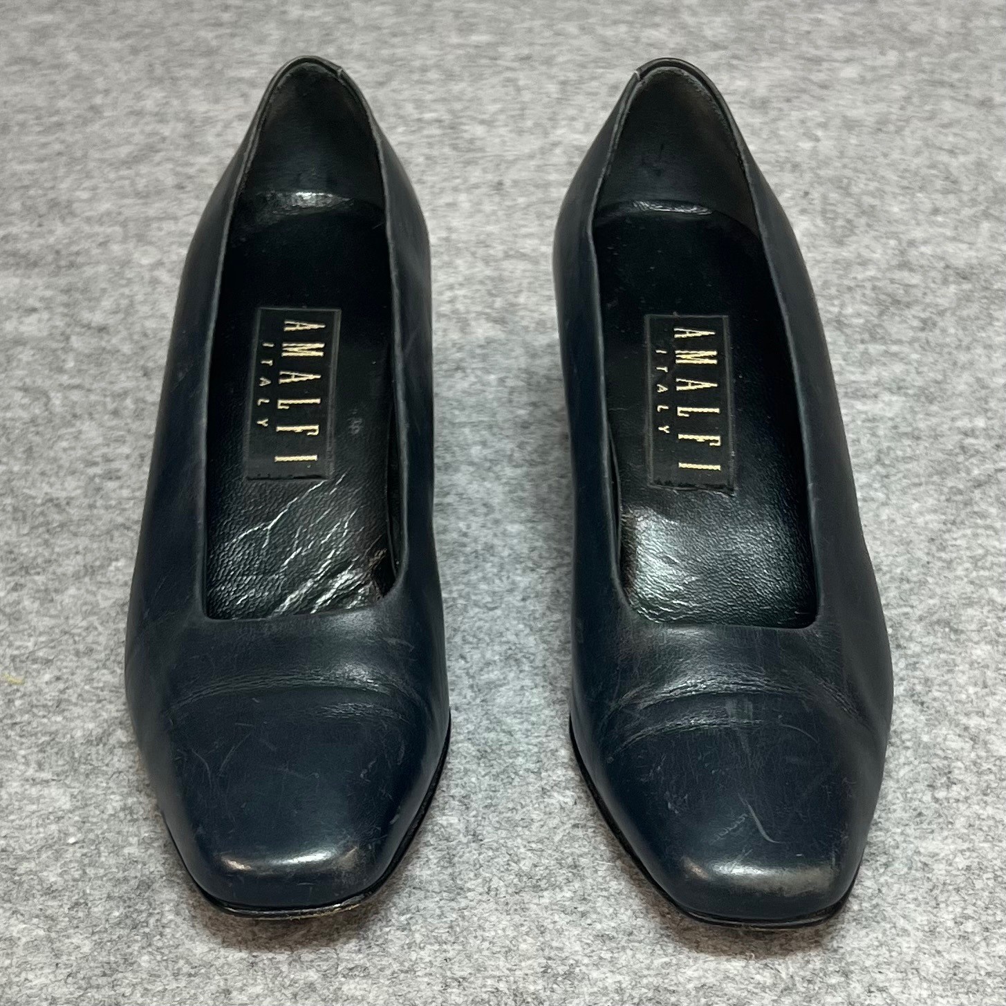 Amalfi Italy Navy Blue Leather Square Toe Block Heel Pumps Career Women Size 7.5