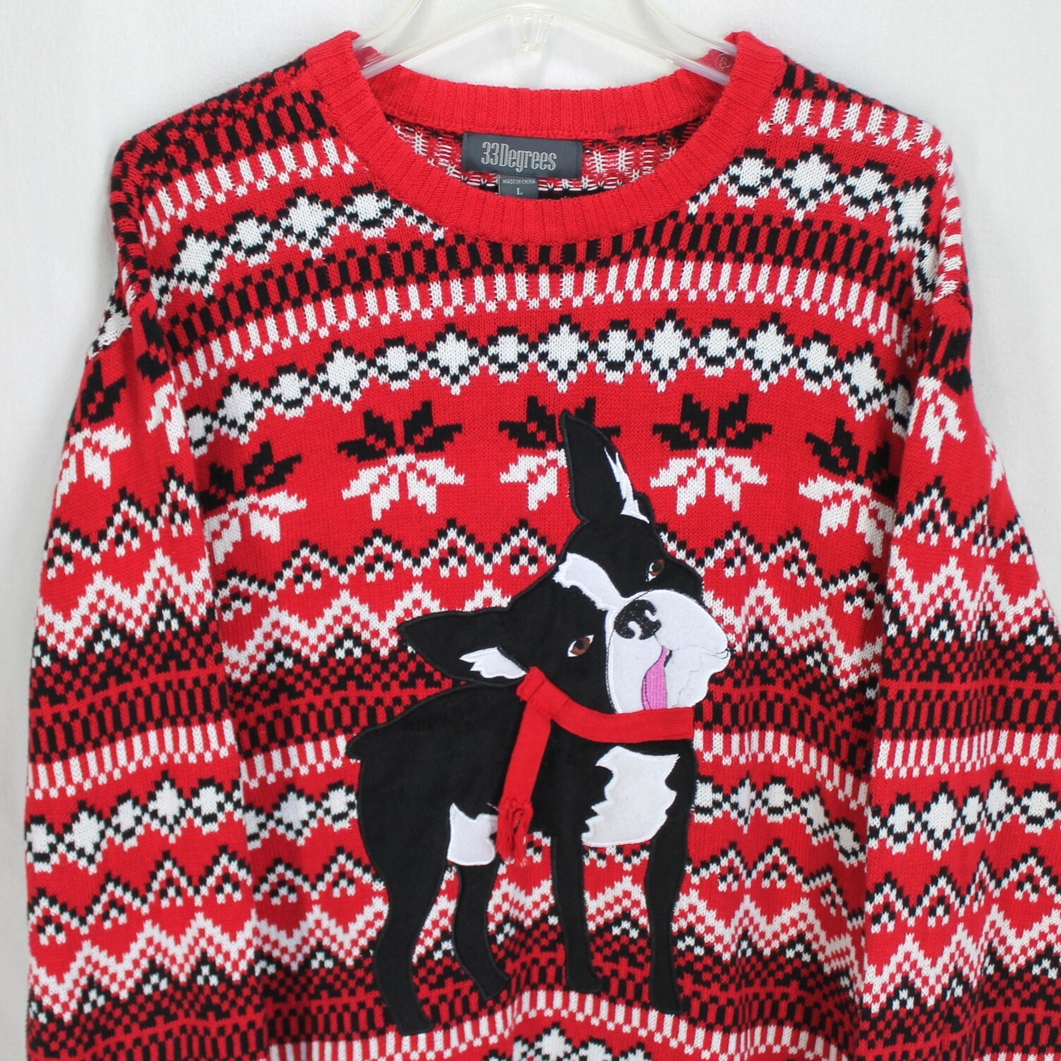 33 Degrees Boston Terrier Dog Sweater Mens L Red Black Print Christmas Holiday