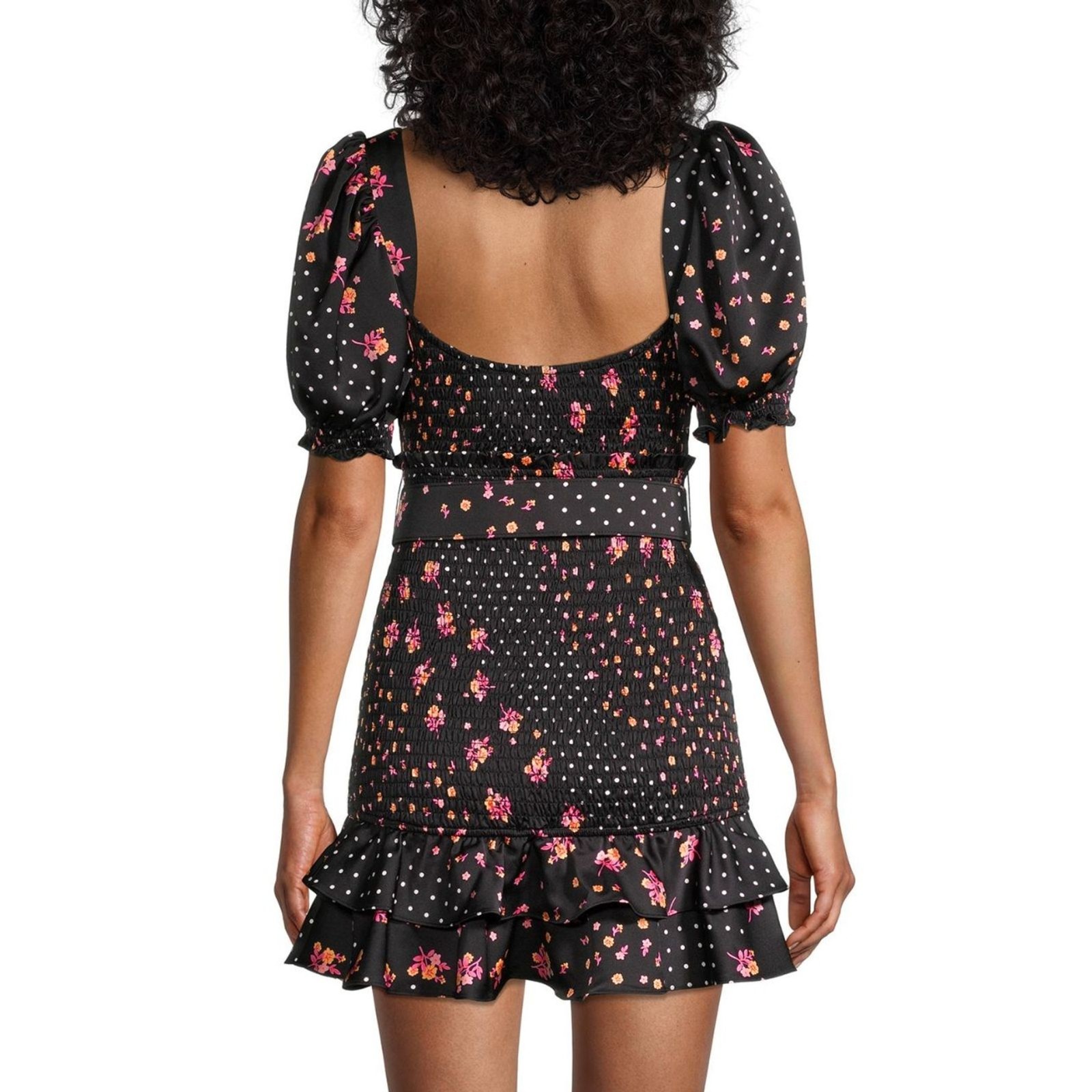 For Love and Lemons Camellia Smocked Belted Mini Dress Black Floral NWOT Sz L
