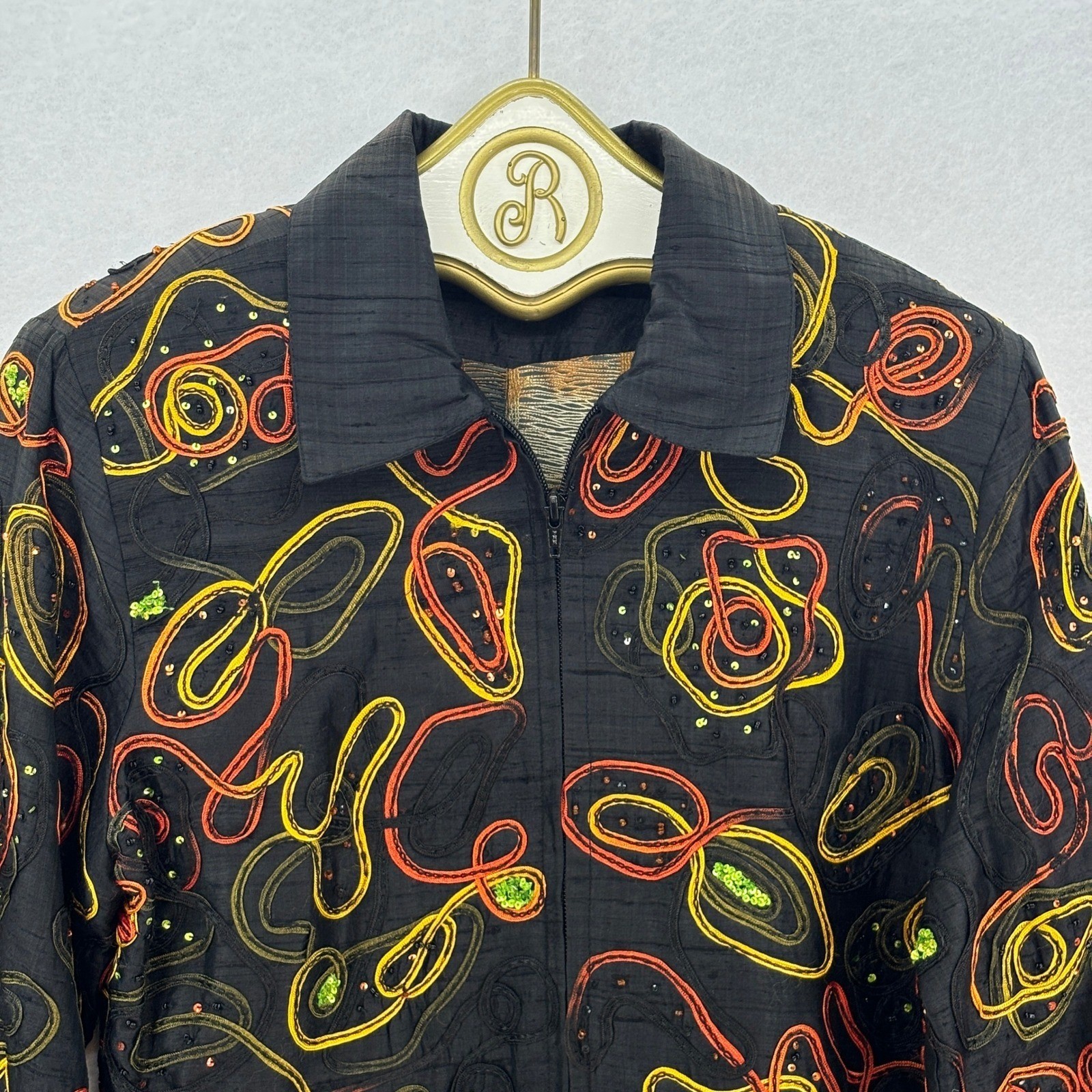 Vintage Abstract Silk Embroidered Jacket S Art Teacher Wearable Art Maximalism