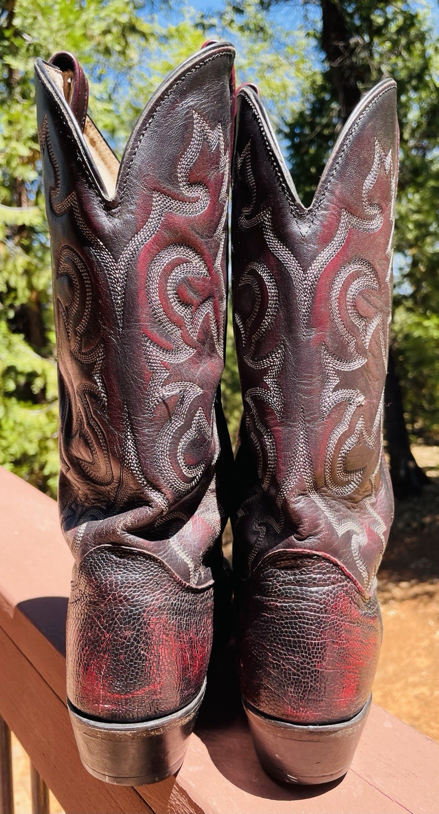 J.Chisholm Vintage Ostrich & Leather Cowboy Boots Black Cherry, 10.5 D, USA Made