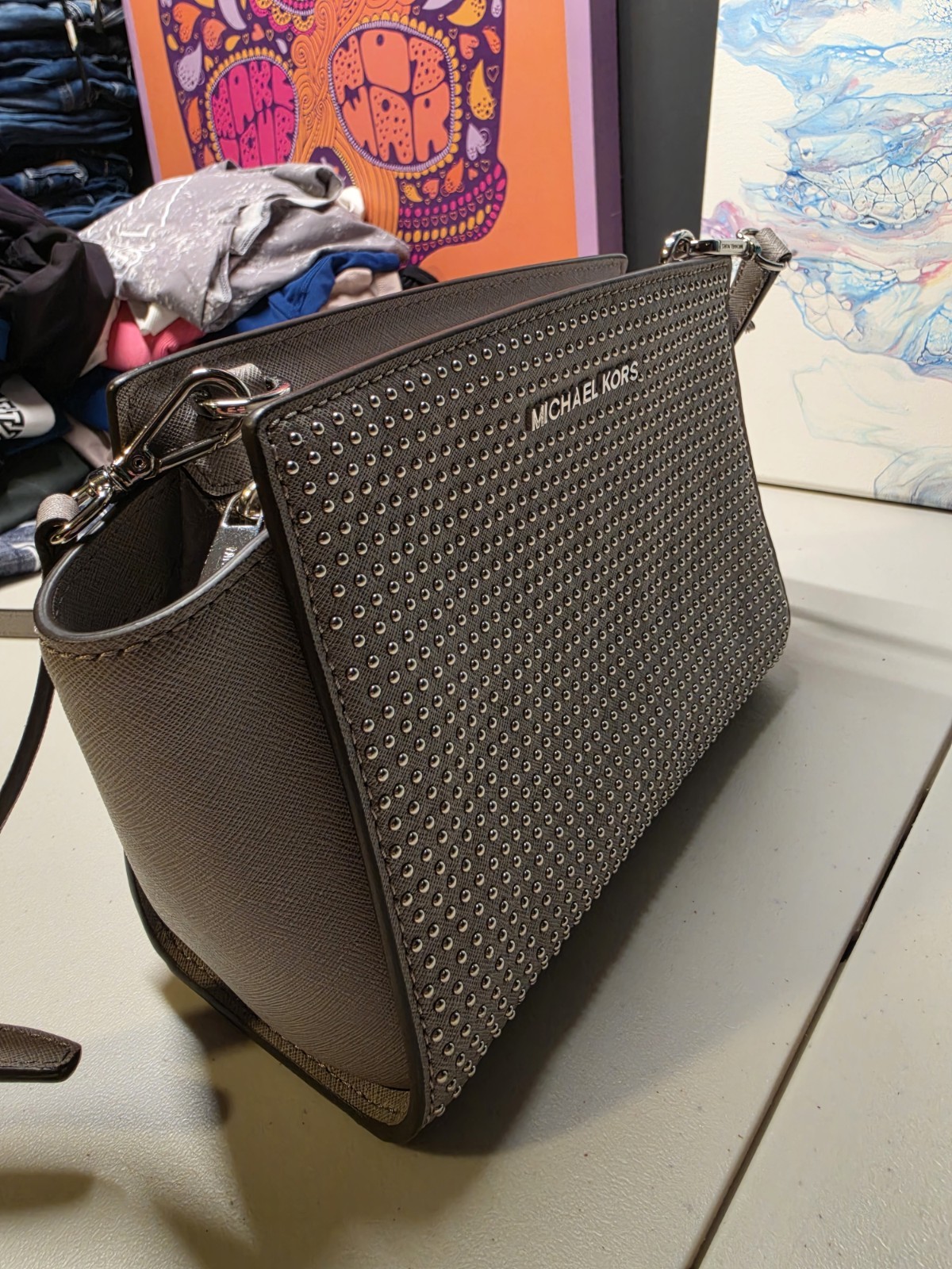 Michael Kors Studded Crossbody Bag Gray Zip Closure Silver Hardware Pockets
