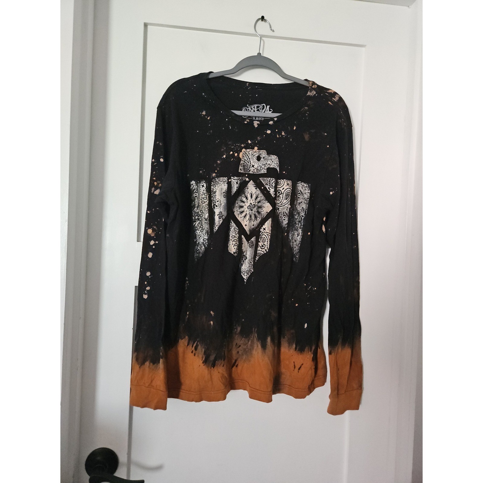 One24 Rags Bleached Thunderbird Graphic Tee Large Black Orange Acid Wash Grunge