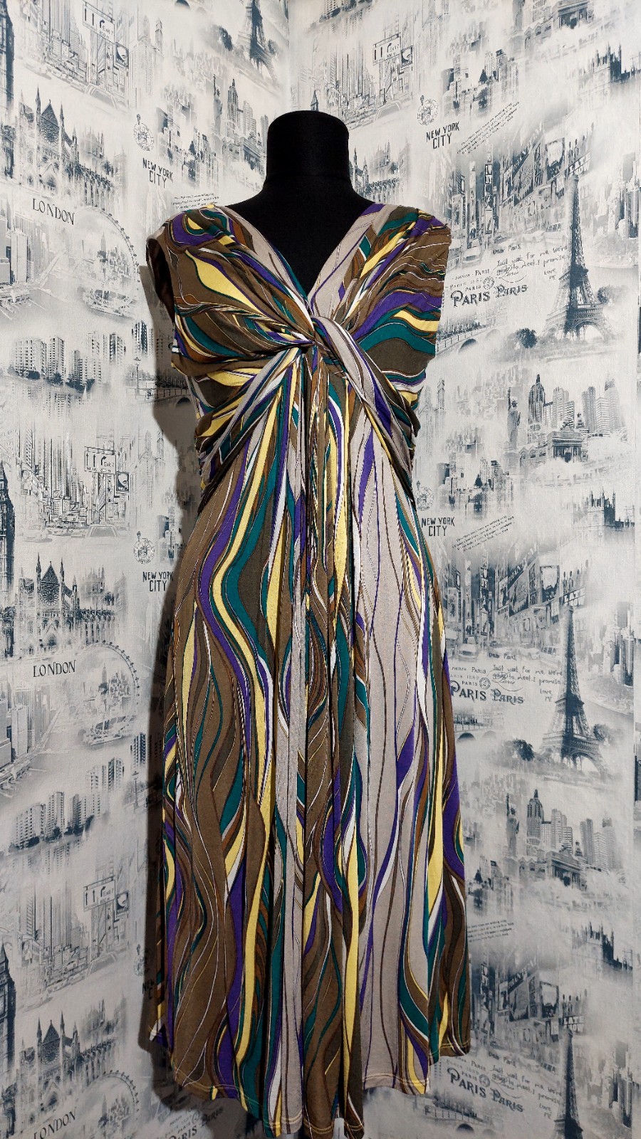 ​Max Mara Studio Vacillo Knotted Dress XL Abstract Swirl V-Neck Sleeveless Knee
