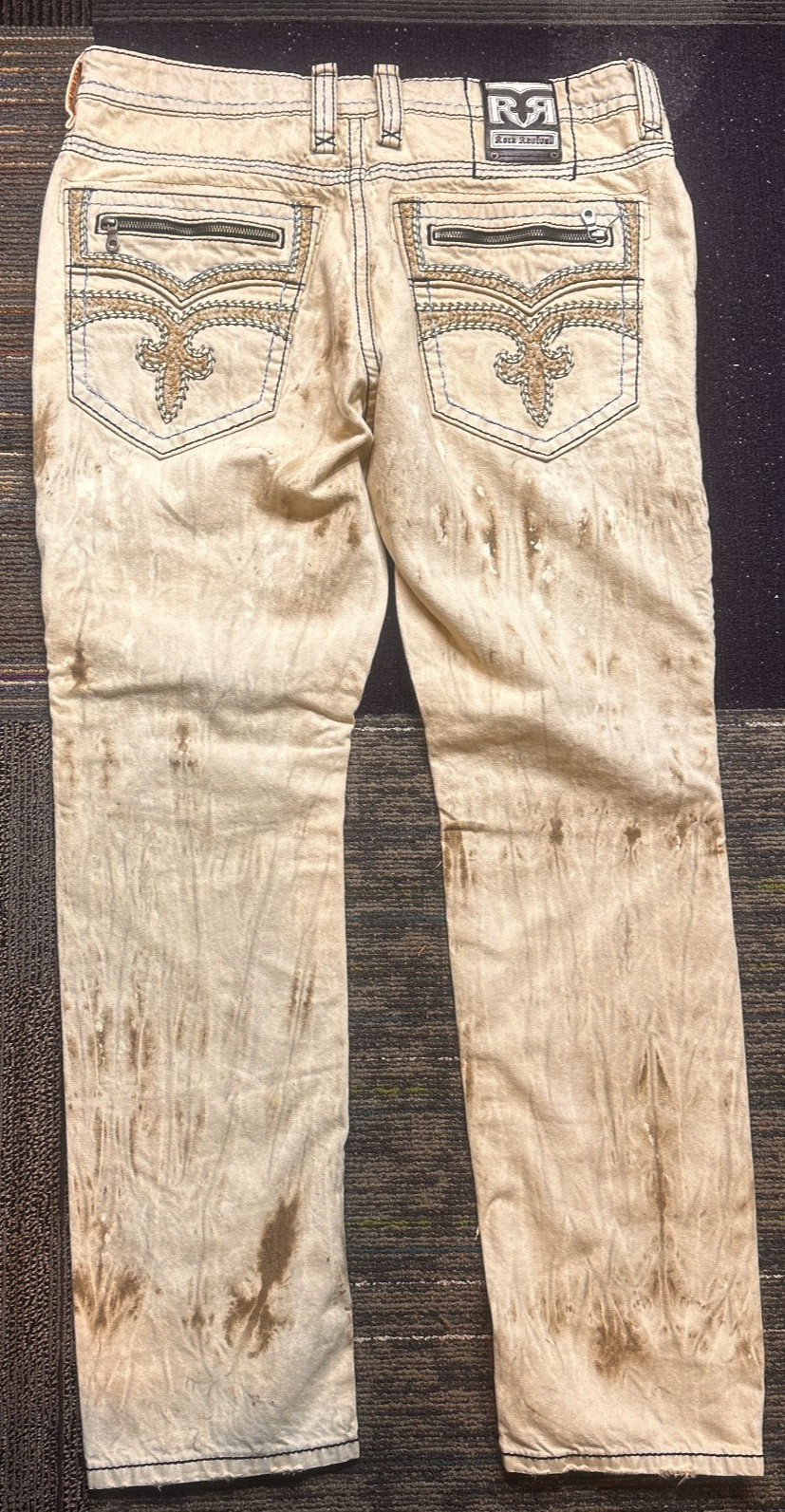 Rock Revivial Callan Biker Beige Jeans Acid Distressed Embroidery Size 38 x 33