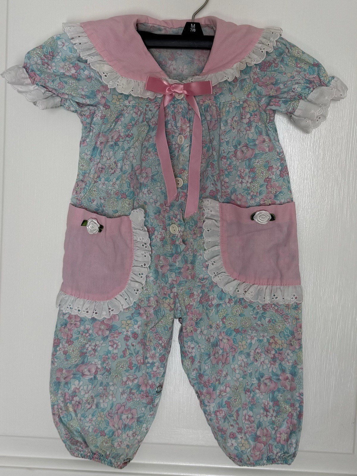 Vintage EVY Girl Toddler Romper 12 M Pastel Floral Eyelet Pink Ribbon Ruffle