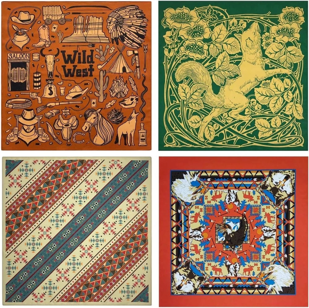 Bycc Bynn 4-Pack 100% Cotton Bandana Set, Vintage Graphic Print, 22×22 inches