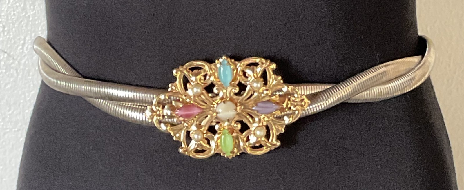 Vintage Twisted Serpent Stretch Metal Faux Gemstone Pearl Buckle Belt Size Small