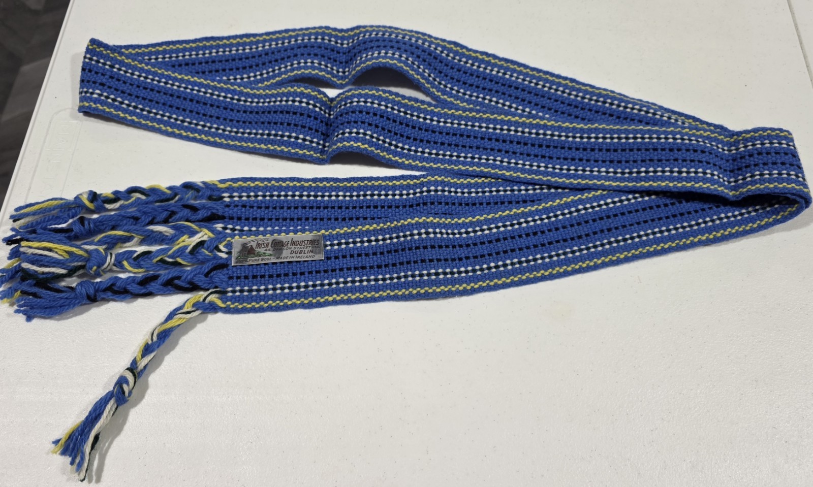 Irish Cottage Industries Woven Blue-Yellow-Scarf/Belt- Pure Wool-Dublin Ireland