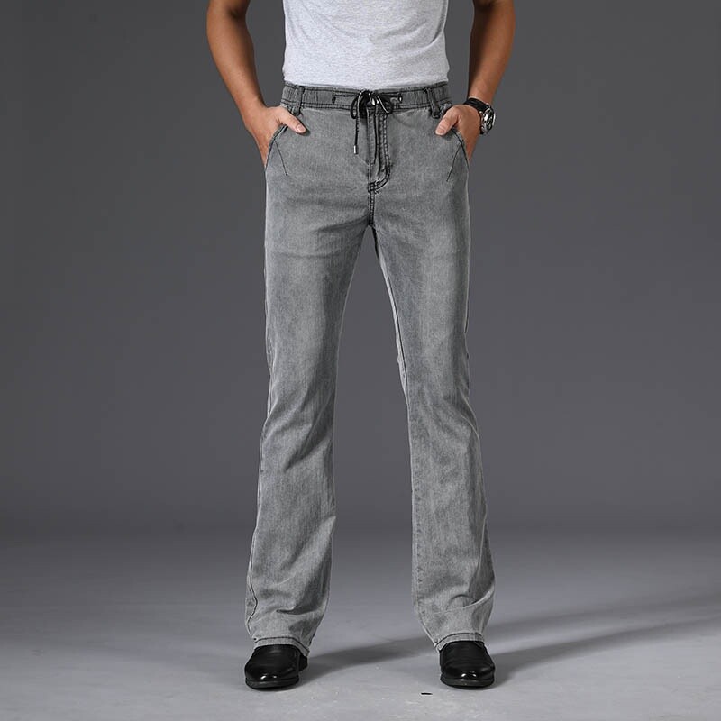 Men Bell Bottom Flared Denim Pants Jeans Soft Thin Trousers Drawstring Grey