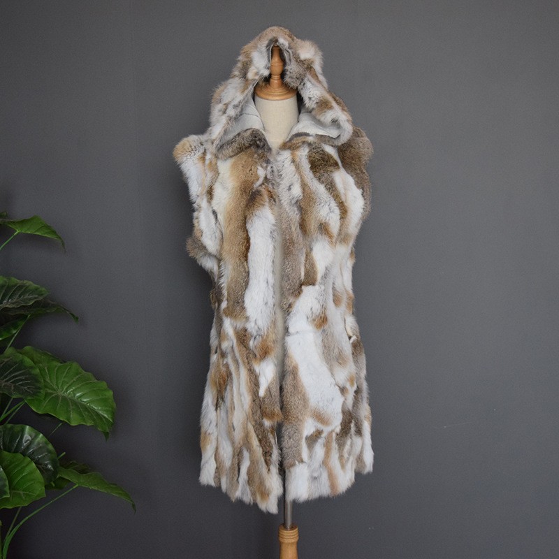 Natural Real Rabbit Fur Coat with Hood Raccoon Fur Women Long Jacket Outwear