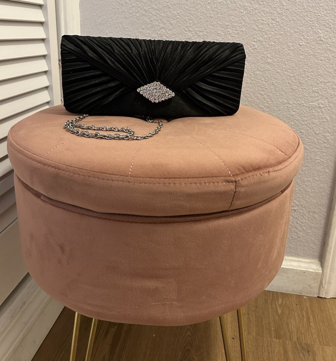 Black Pleated Clutch Rhinestone Accent Chain Detachable Shoulder Strap