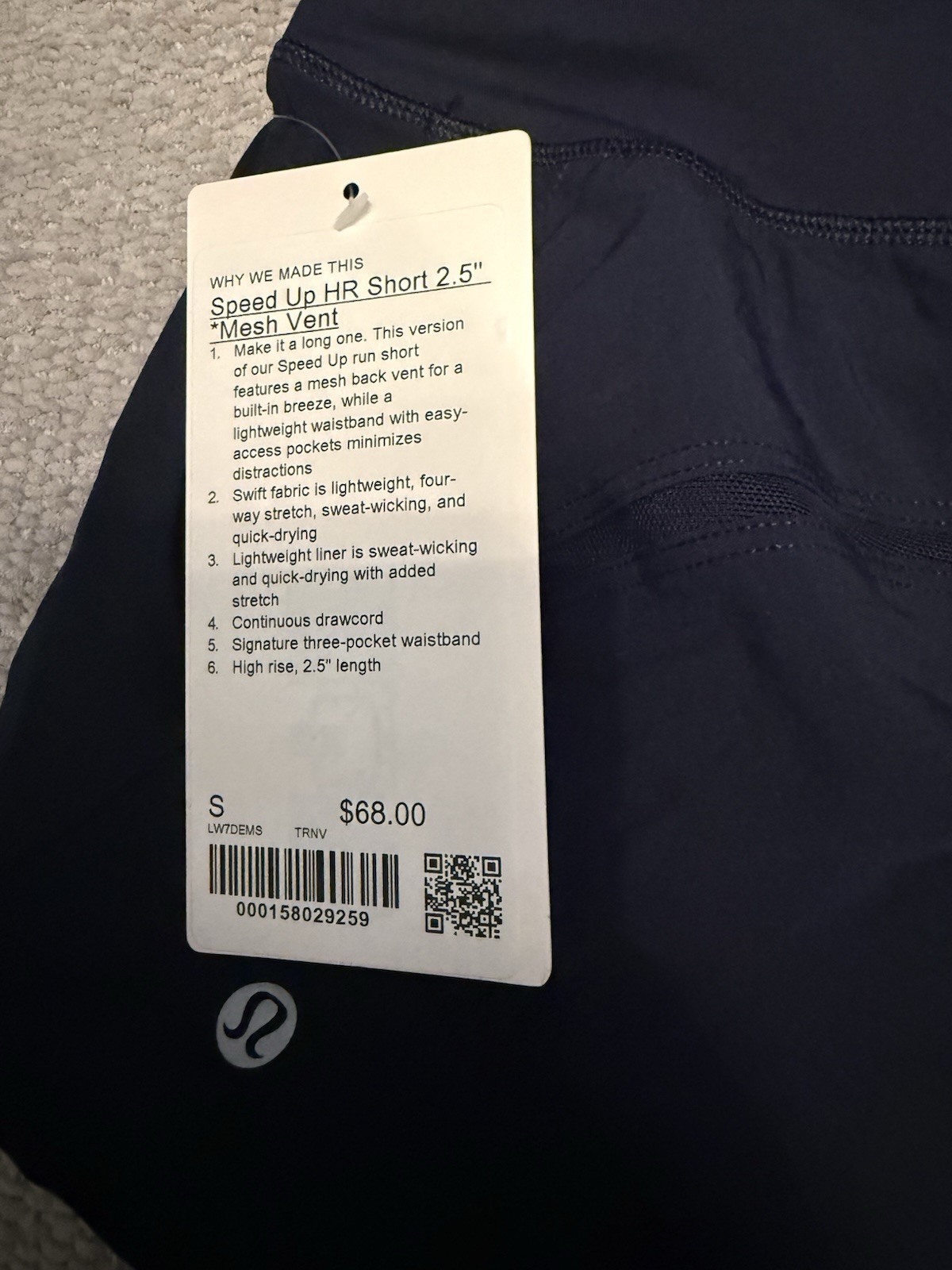 Lululemon Size Small Speed Up High-Rise Short 2.5″, True Navy, NWT, $68