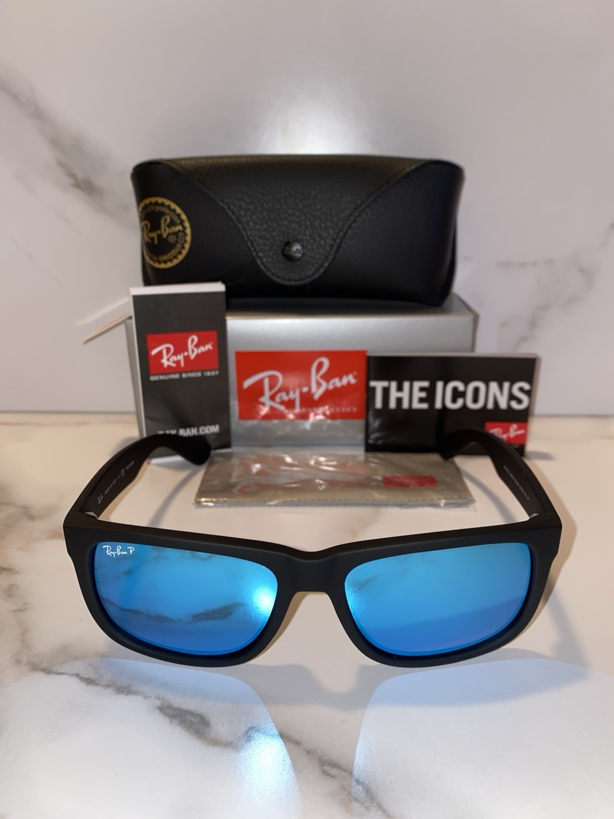 Ray-Ban Justin RB4165 Polarized Sunglasses Blue Mirror Lens UV400 Black 54mm