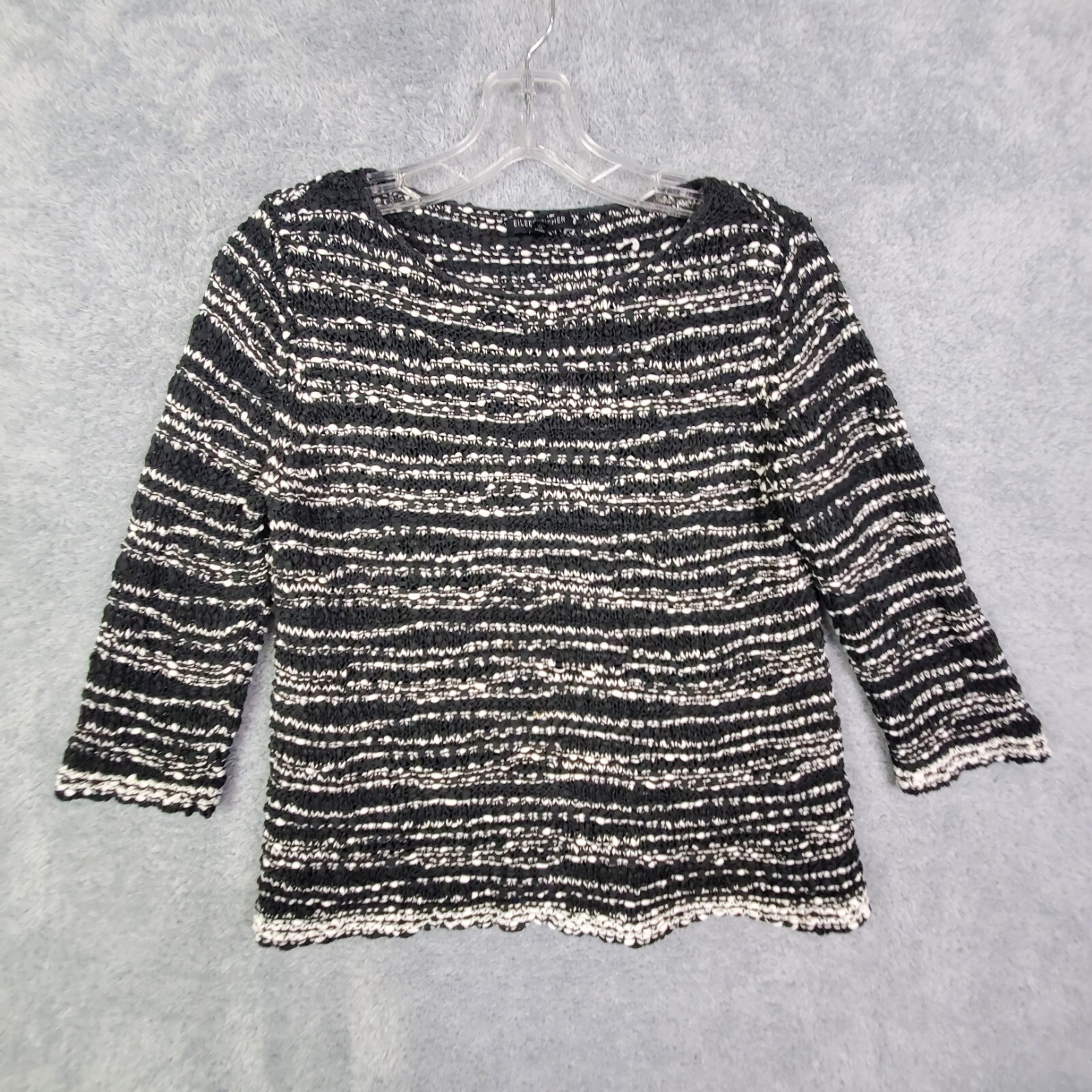 Eileen Fisher Womens Sweater Sz M Petite Black Boat Neck 3 Qtr Sleeve Open Knit