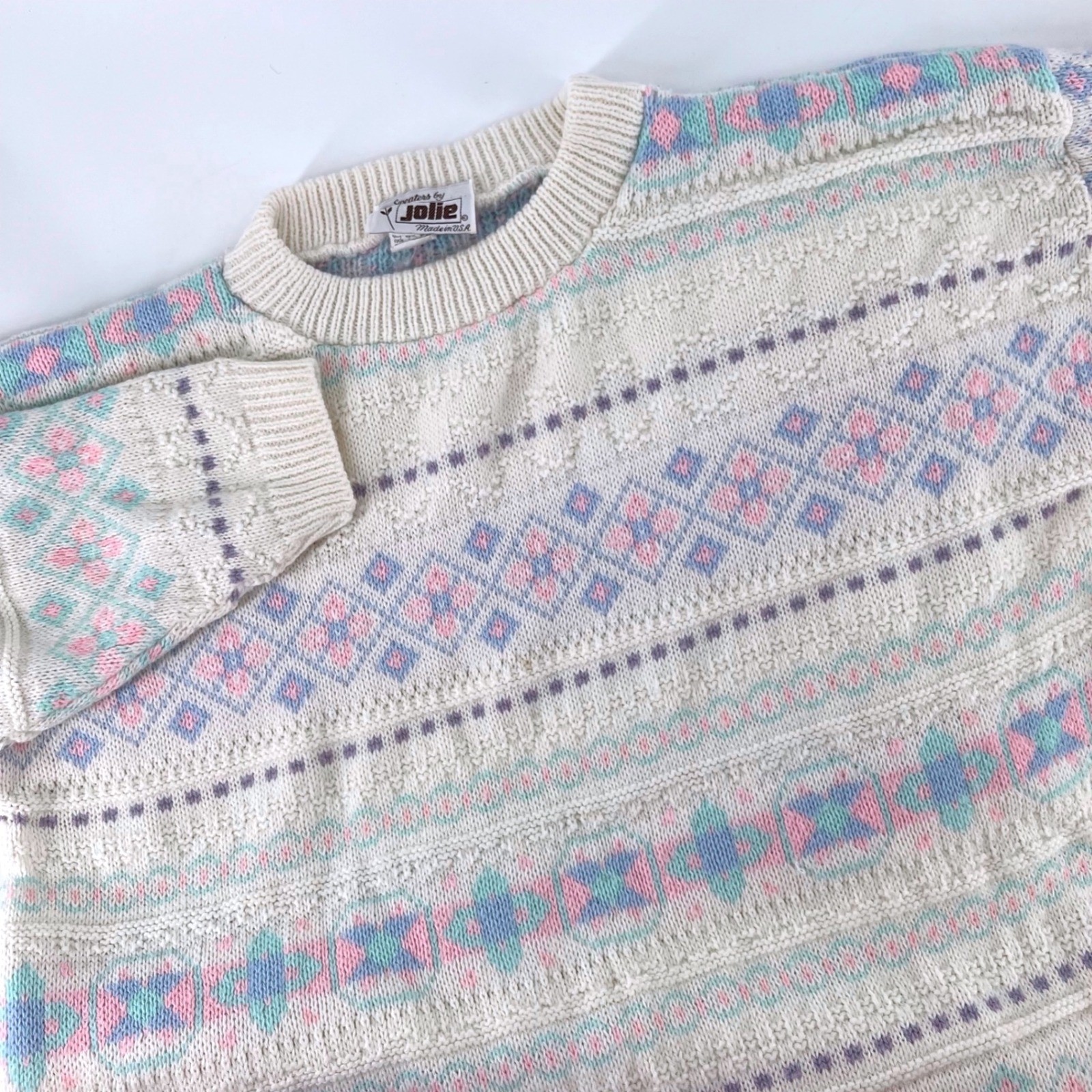 Vintage Sweaters by Jolie Pastel Geometric Knit Crewneck Sweater Ivory Pink Blue