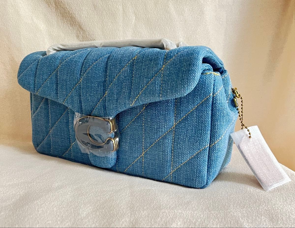 COACH Tabby Shoulder Bag Quilted Denim Leather Chain Strap 2-Way Blue 14x26x8cm