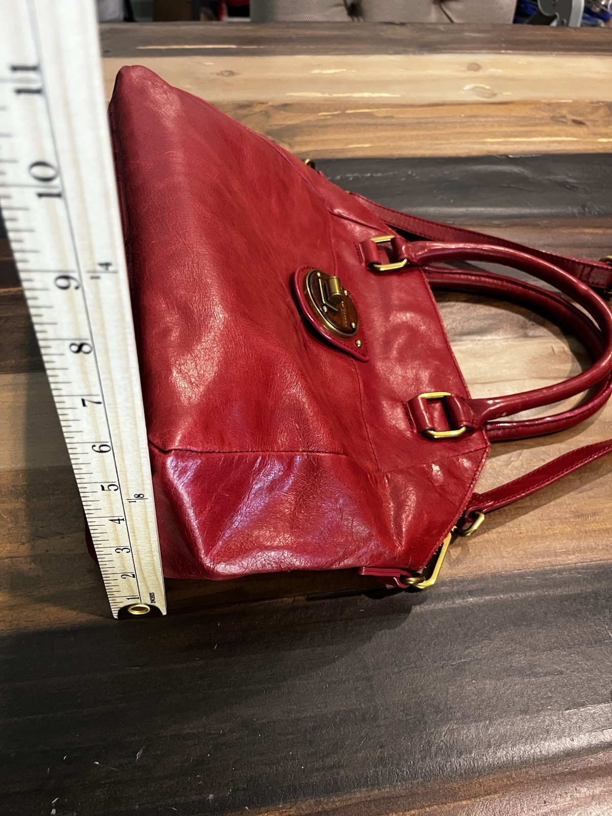 Elliott Lucca Red Large Satchel Gold Hardware Turn Lock Detachable Strap