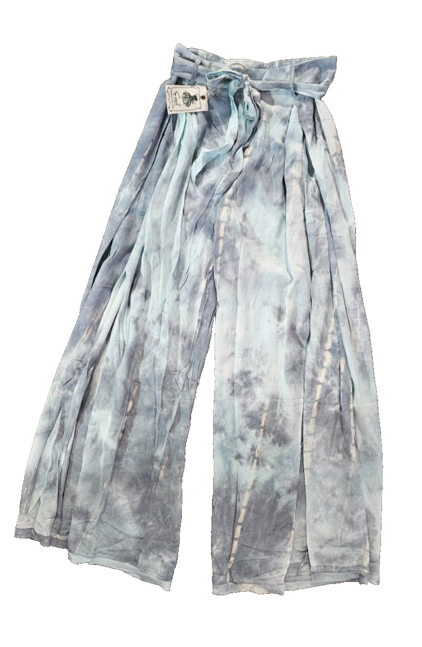 Easel Womens Sz S Blue/Gray Tie Dye Batik Pull On, Slit Wide Leg Paperbag Pants