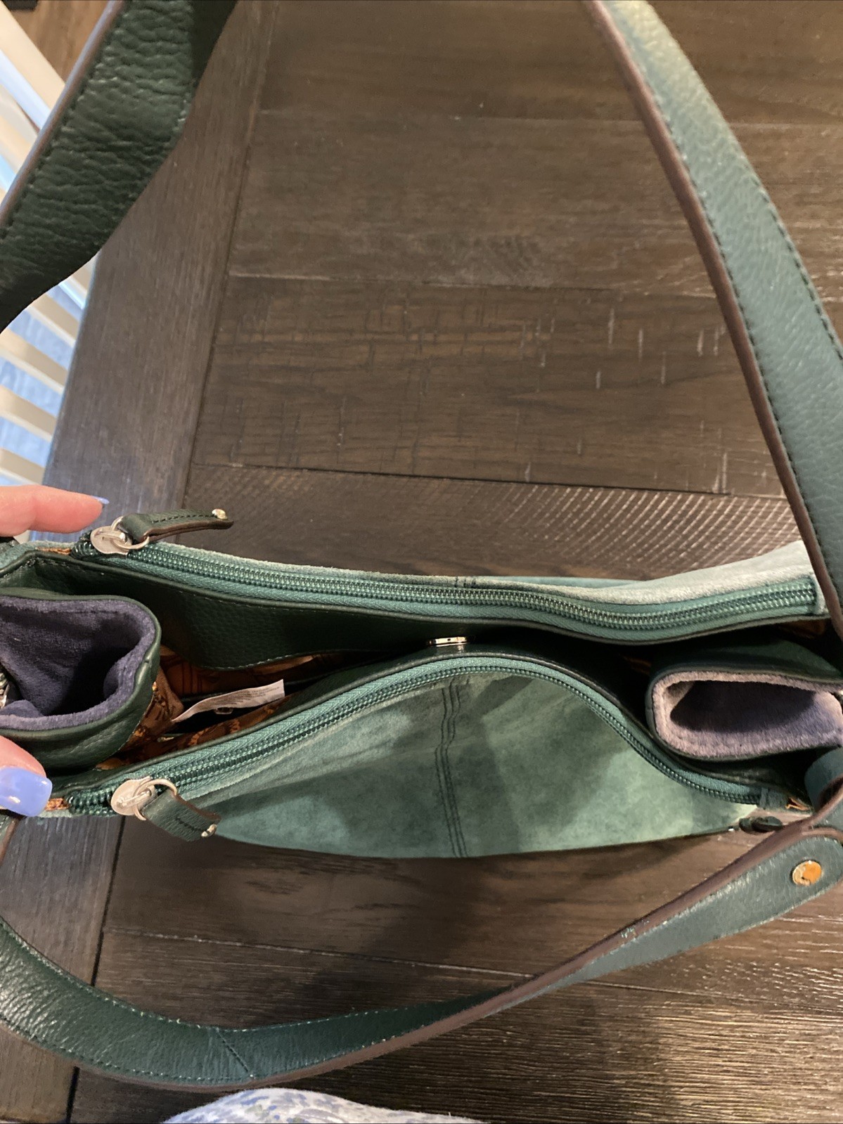 Tignanello Green Suede Leather Purse Shoulder Bag Zip Close Double Straps