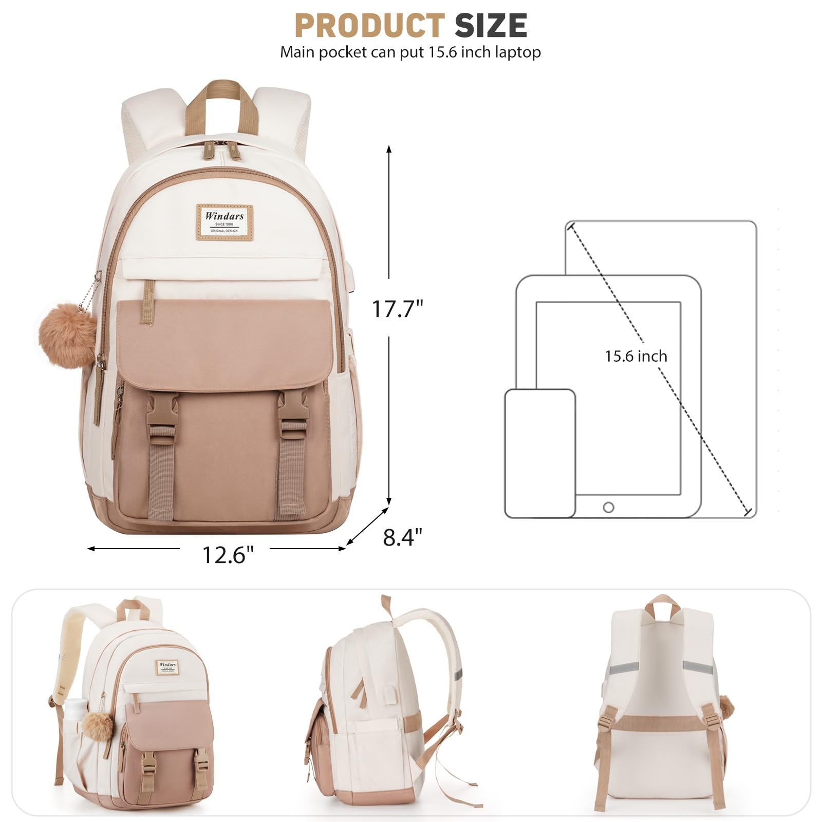WINDARS School Backpack for Teen Girls, Cute College 15.6 inch, Beige Khaki