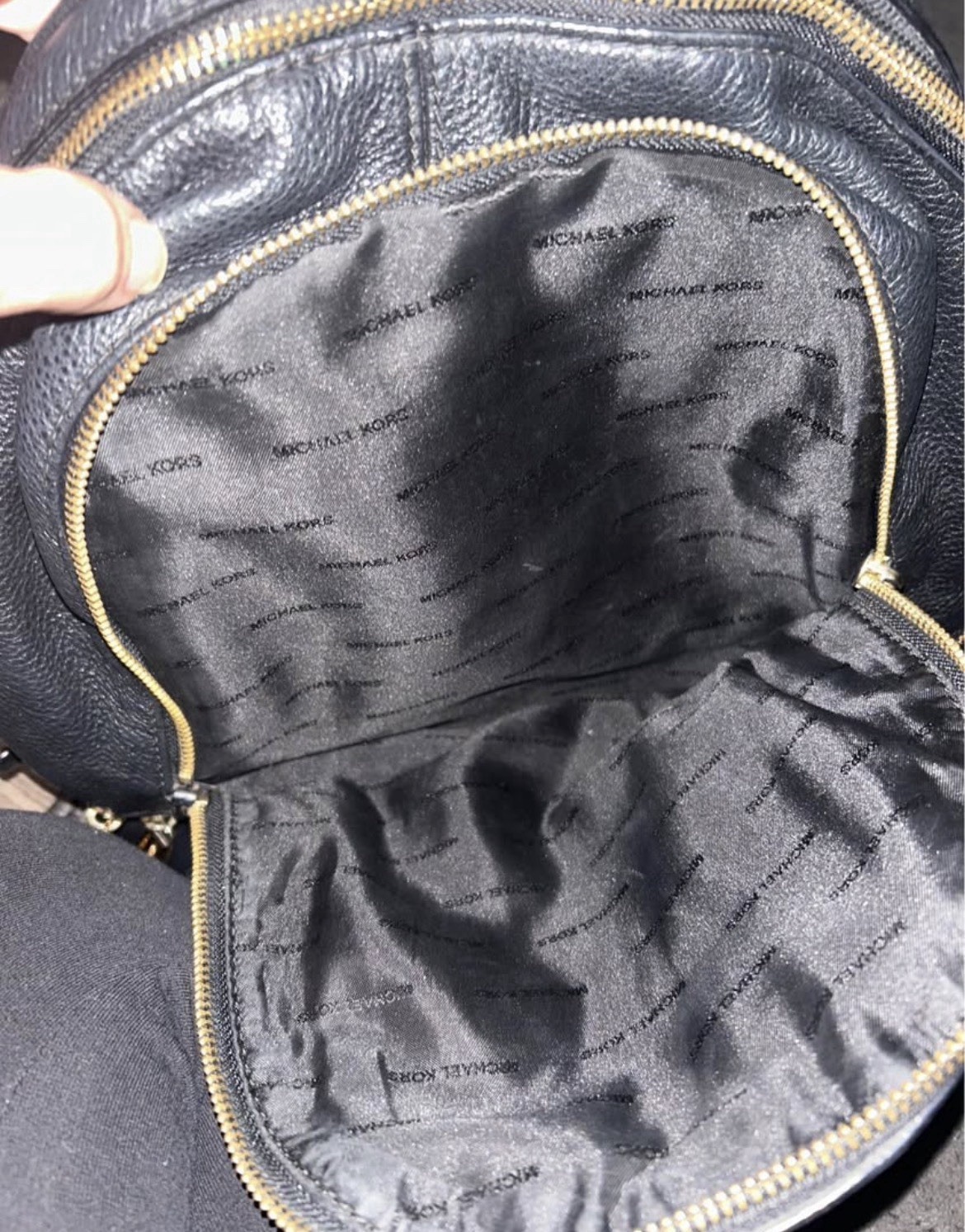 Michael Kors Black Pebbled Zip Backpack Gold Hardware Logo Detachable Strap