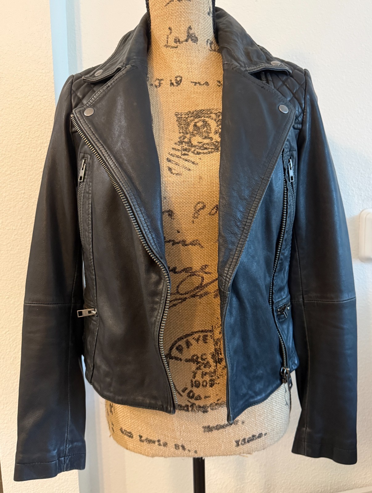 AllSaints Cargo Biker Black Leather Moto Jacket Women US 0 Distressed