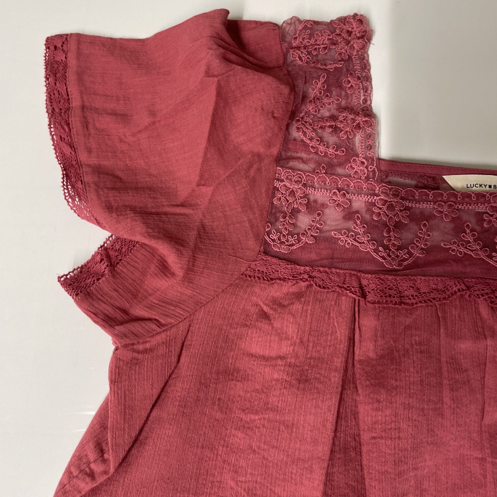 Lucky Brand Mesh Lace Square Neck Blouse Rose Wine Pink Women’s Large L